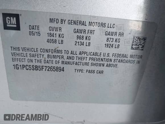 2015 Chevrolet Cruze LT с VIN 1G1PC5SB5F7265894, выставлен на аукционе IAAI как лот 43230200 с пробегом 108 858 миль миль и . История ставок и продаж доступна на DreamBid. Изображение 9.