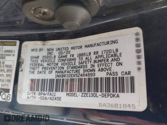 2005 Toyota Corolla CE with VIN 1NXBR32EX5Z484893, listed as a IAAI auction lot 43264480 with 182,748 mi miles and . Bid and sale history available at DreamBid. Image 9.