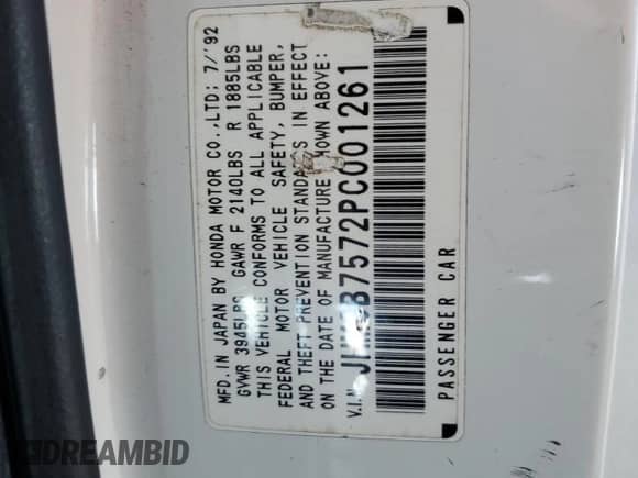 1993 Honda Accord с VIN JHMCB7572PC001261, выставлен на аукционе Copart как лот 70593725 с пробегом 328 808 миль миль и Списание • Salvage title. История ставок и продаж доступна на DreamBid. Изображение 12.