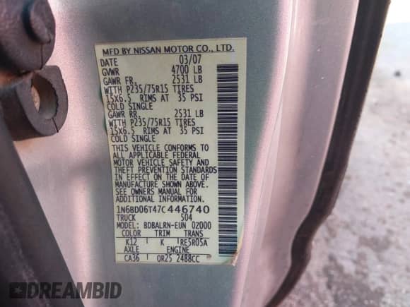 2007 Nissan Frontier XE with VIN 1N6BD06T47C446740, listed as a IAAI auction lot 42625337 with 179,862 mi miles and . Bid and sale history available at DreamBid. Image 9.