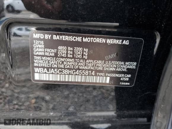 2017 BMW 5 Series 530i with VIN WBAJA5C38HG455814, listed as a Copart auction lot 83984665 with 129,929 mi miles and Salvage title. Bid and sale history available at DreamBid. Image 13.