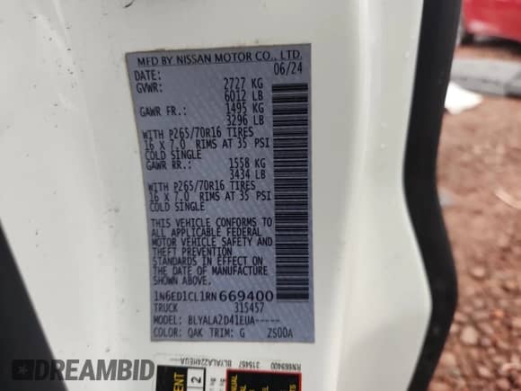 2024 Nissan Frontier S with VIN 1N6ED1CL1RN669400, listed as a Copart auction lot 84985035 with 10,810 mi miles and Salvage title. Bid and sale history available at DreamBid. Image 13.