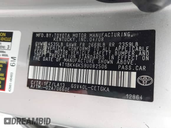 2009 Toyota Camry LE with VIN 4T1BK46K59U082506, listed as a IAAI auction lot 43439815 with 187,222 mi miles and . Bid and sale history available at DreamBid. Image 9.