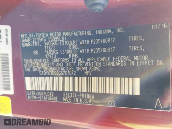 2016 Toyota Sienna XLE with VIN 5TDYK3DC8GS701072, listed as a IAAI auction lot 41154795 with 52,600 mi miles and . Bid and sale history available at DreamBid. Image 9.