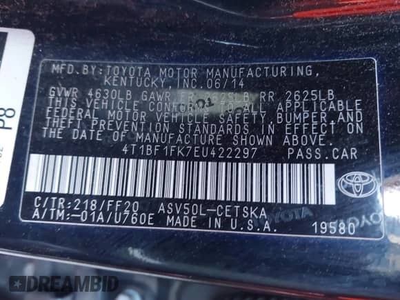 2014 Toyota Camry SE with VIN 4T1BF1FK7EU422297, listed as a IAAI auction lot 43391684 with 141,092 mi miles and . Bid and sale history available at DreamBid. Image 9.