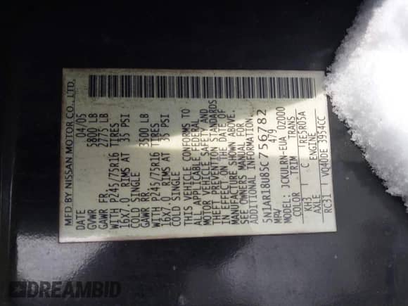 2005 Nissan Pathfinder SE with VIN 5N1AR18U85C756782, listed as a IAAI auction lot 41278886 with 209,555 mi miles and . Bid and sale history available at DreamBid. Image 9.