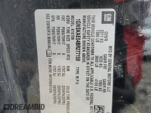 2011 Chevrolet Tahoe LS с VIN 1GNSKAE04BR277158, выставлен на аукционе Copart как лот 60241045 с пробегом 272 165 миль миль и На запчасти • Non repairable. История ставок и продаж доступна на DreamBid. Изображение 13.