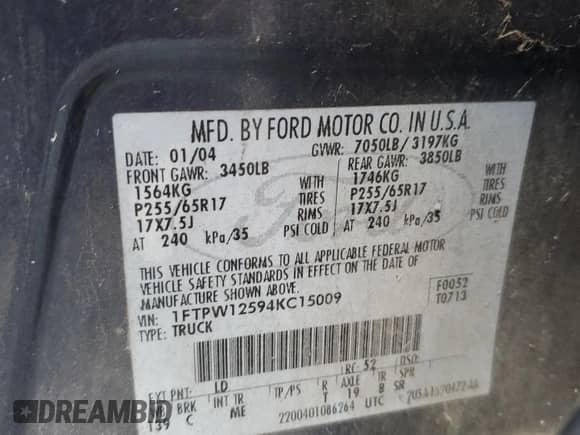 2004 Ford F-150 XLT с VIN 1FTPW12594KC15009, выставлен на аукционе Copart как лот 80452625 с пробегом 153 577 миль миль и Списание • Salvage title. История ставок и продаж доступна на DreamBid. Изображение 12.