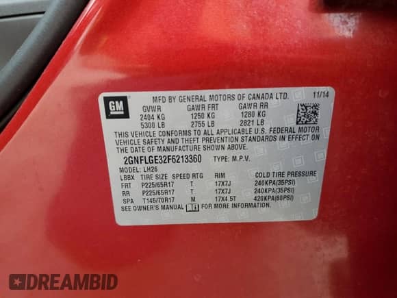 2015 Chevrolet Equinox LT z VIN 2GNFLGE32F6213360, wystawiony jako Copart lot #67956715 z przebiegiem 108 062 mil mil oraz Szkoda całkowita • Salvage title. Historia ofert i sprzedaży dostępna na DreamBid. Obrazek 13.