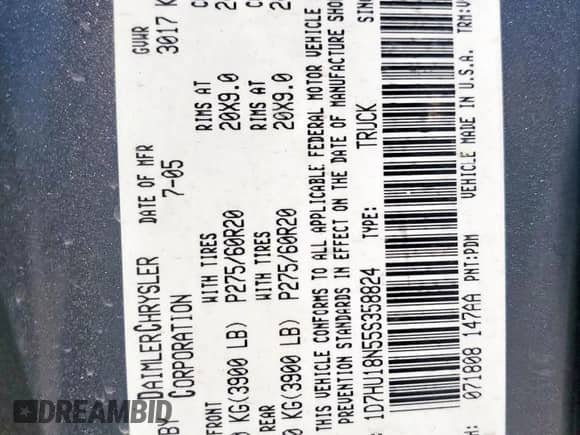 2005 Dodge 1500 SLT with VIN 1D7HU18N55S358824, listed as a Copart auction lot 80546725 with 343,668 mi miles and Salvage title. Bid and sale history available at DreamBid. Image 12.