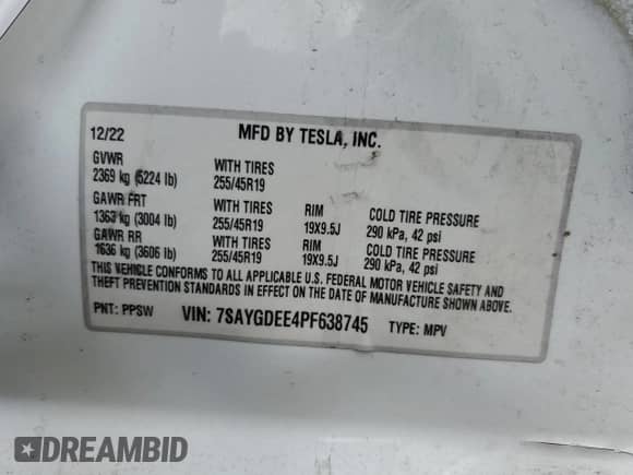 2023 Tesla Model Y Long Range с VIN 7SAYGDEE4PF638745, выставлен на аукционе Copart как лот 86629795 с пробегом 52 658 миль миль и На запчасти • Non repairable. История ставок и продаж доступна на DreamBid. Изображение 13.