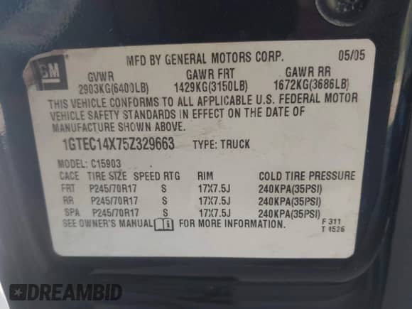 2005 GMC Sierra 1500 Work Truck z VIN 1GTEC14X75Z329663, wystawiony jako IAAI lot #42872806 z przebiegiem 182 385 mil mil oraz . Historia ofert i sprzedaży dostępna na DreamBid. Obrazek 9.