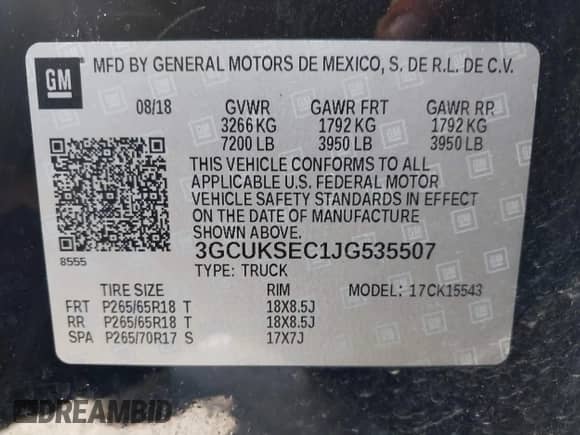 2018 Chevrolet Silverado 1500 LTZ with VIN 3GCUKSEC1JG535507, listed as a IAAI auction lot 42277025 with 81,713 mi miles and . Bid and sale history available at DreamBid. Image 9.
