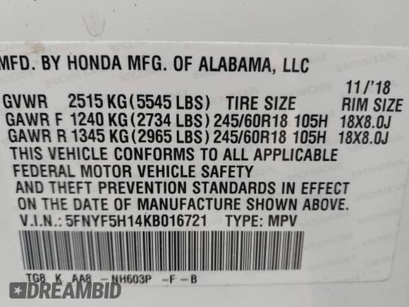 2019 Honda Pilot LX z VIN 5FNYF5H14KB016721, wystawiony jako IAAI lot #43139136 z przebiegiem 111 555 mil mil oraz . Historia ofert i sprzedaży dostępna na DreamBid. Obrazek 9.