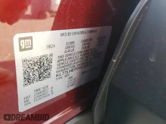 2025 Chevrolet Trax LT с VIN KL77LHEP0SC116257, выставлен на аукционе Copart как лот 80997495 с пробегом Не указан миль и Списание • Salvage title. История ставок и продаж доступна на DreamBid. Изображение 12.