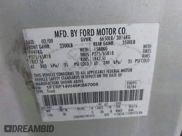 2009 Ford F-150 XL с VIN 1FTRF14W49KB67005, выставлен на аукционе IAAI как лот 43568212 с пробегом 197 731 миль миль и . История ставок и продаж доступна на DreamBid. Изображение 9.