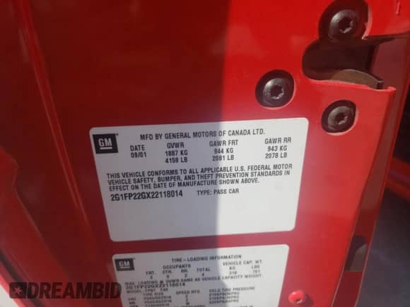 2002 Chevrolet Camaro Z28 z VIN 2G1FP22GX22118014, wystawiony jako Copart lot #60726064 z przebiegiem Nie podano mil oraz Szkoda całkowita • Salvage title. Historia ofert i sprzedaży dostępna na DreamBid. Obrazek 13.