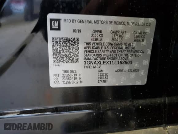 2020 Chevrolet Equinox LT with VIN 3GNAXLEX1LL163603, listed as a Copart auction lot 61820945 with 97,497 mi miles and Non repairable. Bid and sale history available at DreamBid. Image 13.