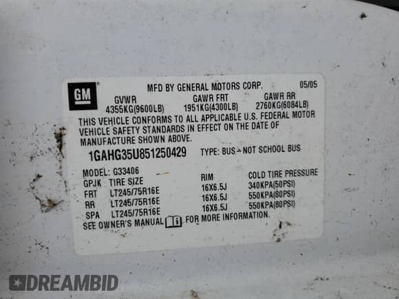 2005 Chevrolet Express Passenger with VIN 1GAHG35U851250429, listed as a Copart auction lot 45600415 with Not provided miles and Salvage title. Bid and sale history available at DreamBid. Image 13.
