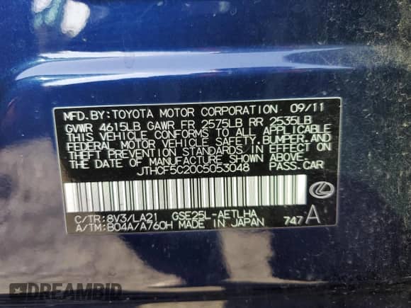 2012 Lexus IS 250 z VIN JTHCF5C20C5053048, wystawiony jako Copart lot #52008195 z przebiegiem 134 235 mil mil oraz Szkoda całkowita • Salvage title. Historia ofert i sprzedaży dostępna na DreamBid. Obrazek 14.