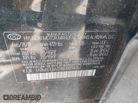 2019 Hyundai Santa Fe SEL с VIN 5NMS33AD8KH096157, выставлен на аукционе IAAI как лот 42738782 с пробегом 131 237 миль миль и . История ставок и продаж доступна на DreamBid. Изображение 9.