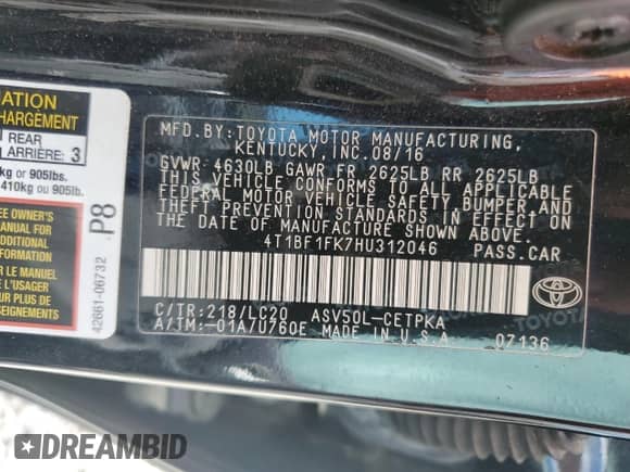 2017 Toyota Camry SE with VIN 4T1BF1FK7HU312046, listed as a Copart auction lot 84352185 with 203,261 mi miles and Salvage title. Bid and sale history available at DreamBid. Image 12.