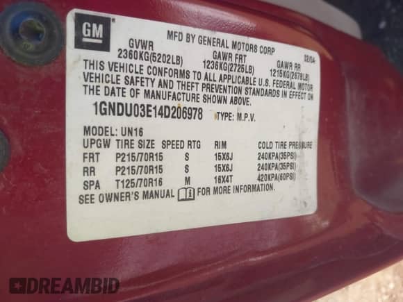 2004 Chevrolet Venture Plus с VIN 1GNDU03E14D206978, выставлен на аукционе IAAI как лот 43001298 с пробегом 236 943 миль миль и . История ставок и продаж доступна на DreamBid. Изображение 9.