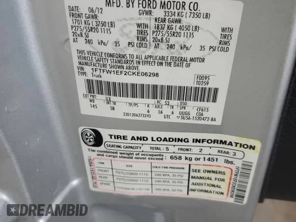 2012 Ford F-150 FX4 with VIN 1FTFW1EF2CKE06298, listed as a Copart auction lot 81956025 with Not provided miles and Salvage title. Bid and sale history available at DreamBid. Image 12.