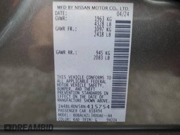 2024 Nissan Altima SV with VIN 1N4BL4DV5RN415754, listed as a Copart auction lot 69653715 with 24,508 mi miles and Salvage title. Bid and sale history available at DreamBid. Image 13.