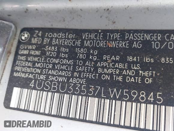 2007 BMW Z4 3.0i with VIN 4USBU33537LW59845, listed as a IAAI auction lot 43567639 with 54,512 mi miles and . Bid and sale history available at DreamBid. Image 9.