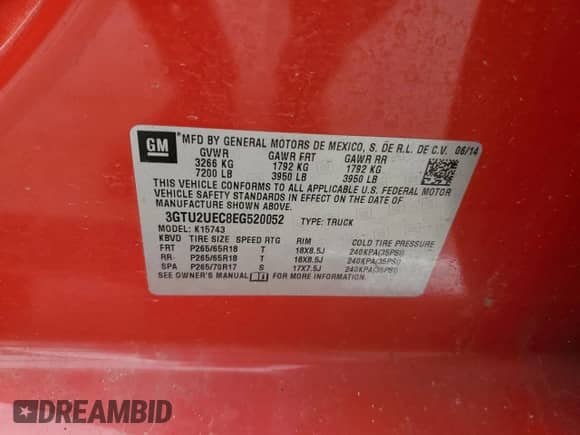 2014 GMC Sierra 1500 SLE z VIN 3GTU2UEC8EG520052, wystawiony jako Copart lot #52239965 z przebiegiem 132 004 mil mil oraz Szkoda całkowita • Salvage title. Historia ofert i sprzedaży dostępna na DreamBid. Obrazek 14.