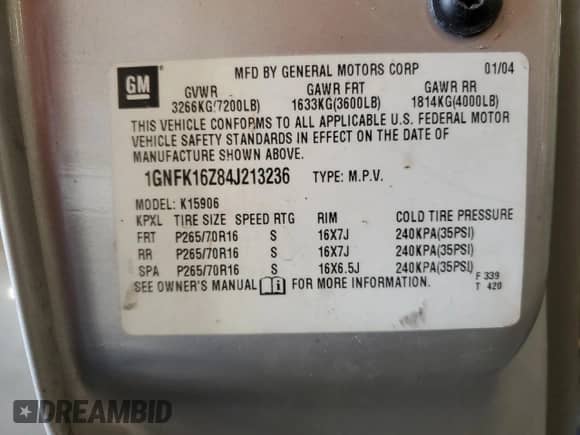 2004 Chevrolet Suburban LT z VIN 1GNFK16Z84J213236, wystawiony jako Copart lot #85944235 z przebiegiem 213 698 mil mil oraz Czysty tytuł • Clean title. Historia ofert i sprzedaży dostępna na DreamBid. Obrazek 13.