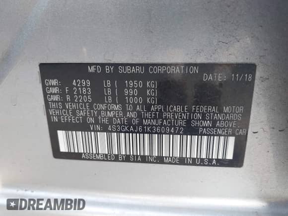 2019 Subaru Impreza Special Sports с VIN 4S3GKAJ61K3609472, выставлен на аукционе IAAI как лот 42609355 с пробегом 75 325 миль миль и . История ставок и продаж доступна на DreamBid. Изображение 9.