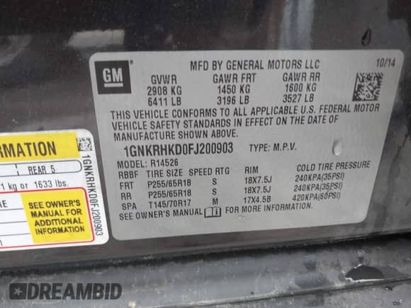 2015 Chevrolet Traverse LT с VIN 1GNKRHKD0FJ200903, выставлен на аукционе IAAI как лот 42344284 с пробегом 131 229 миль миль и . История ставок и продаж доступна на DreamBid. Изображение 9.