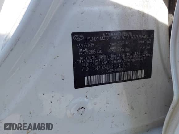 2019 Hyundai Elantra SE with VIN 5NPD74LF8KH483070, listed as a IAAI auction lot 43058323 with 93,015 mi miles and . Bid and sale history available at DreamBid. Image 9.