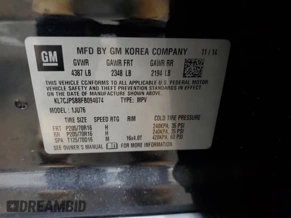 2015 Chevrolet Trax LS with VIN KL7CJPSB8FB094074, listed as a Copart auction lot 76175994 with 176,291 mi miles and Clean title. Bid and sale history available at DreamBid. Image 13.