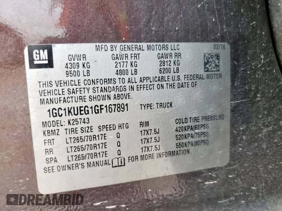 2016 Chevrolet Silverado 2500HD Work Truck with VIN 1GC1KUEG1GF167891, listed as a Copart auction lot 63415255 with 253,404 mi miles and Salvage title. Bid and sale history available at DreamBid. Image 12.