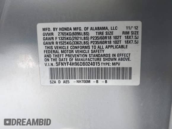 2013 Honda Pilot Touring with VIN 5FNYF4H96DB024015, listed as a IAAI auction lot 43283587 with 142,374 mi miles and . Bid and sale history available at DreamBid. Image 9.