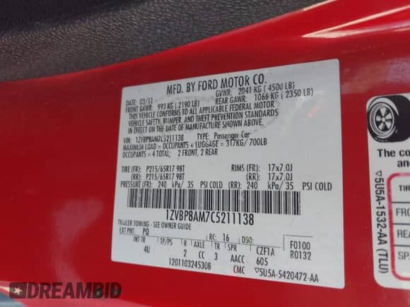 2012 Ford Mustang Premium with VIN 1ZVBP8AM7C5211138, listed as a IAAI auction lot 43171829 with 185,205 mi miles and . Bid and sale history available at DreamBid. Image 9.