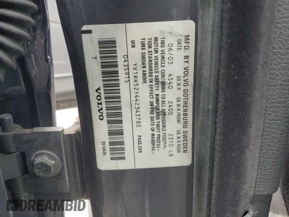 2004 Volvo S60 R с VIN YV1RH52Y442343785, выставлен на аукционе Copart как лот 60989175 с пробегом 166 221 миль миль и Списание • Salvage title. История ставок и продаж доступна на DreamBid. Изображение 13.