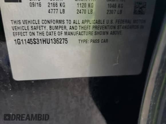2017 Chevrolet Impala Premier с VIN 1G1145S31HU136275, выставлен на аукционе Copart как лот 86534085 с пробегом 83 376 миль миль и Списание • Salvage title. История ставок и продаж доступна на DreamBid. Изображение 12.
