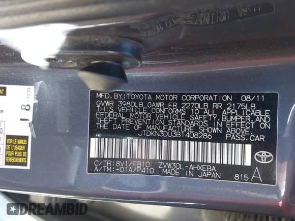 2011 Toyota Prius II with VIN JTDKN3DU3B1408286, listed as a IAAI auction lot 43562316 with 218,306 mi miles and . Bid and sale history available at DreamBid. Image 9.