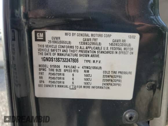 2003 Chevrolet TrailBlazer LT с VIN 1GNDS13S732247806, выставлен на аукционе Copart как лот 59489595 с пробегом 299 638 миль миль и Списание • Salvage title. История ставок и продаж доступна на DreamBid. Изображение 13.