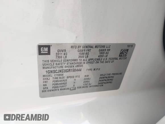 2016 Chevrolet Suburban LTZ с VIN 1GNSCJKC0GR198444, выставлен на аукционе IAAI как лот 43097884 с пробегом 153 973 миль миль и . История ставок и продаж доступна на DreamBid. Изображение 9.