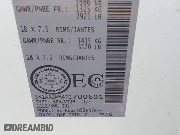 2015 Nissan Pathfinder SL with VIN 5N1AR2MM4FC700691, listed as a IAAI auction lot 42430043 with 167,202 mi miles and . Bid and sale history available at DreamBid. Image 9.