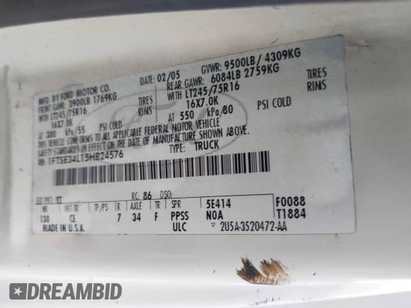 2005 Ford Econoline Cargo z VIN 1FTSE34L15HB24576, wystawiony jako IAAI lot #42101533 z przebiegiem 446 313 mil mil oraz . Historia ofert i sprzedaży dostępna na DreamBid. Obrazek 9.