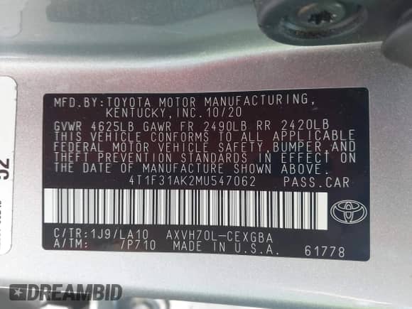 2021 Toyota Camry Hybrid XLE with VIN 4T1F31AK2MU547062, listed as a IAAI auction lot 42405027 with 170,899 mi miles and . Bid and sale history available at DreamBid. Image 9.