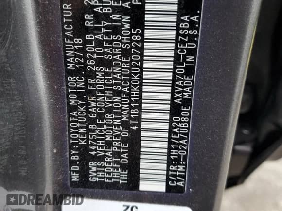 2019 Toyota Camry SE z VIN 4T1B11HK0KU207285, wystawiony jako Copart lot #82714065 z przebiegiem 57 939 mil mil oraz Szkoda całkowita • Salvage title. Historia ofert i sprzedaży dostępna na DreamBid. Obrazek 13.