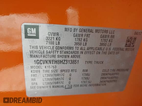 2017 Chevrolet Silverado 1500 Work Truck z VIN 1GCVKNEH8HZ313851, wystawiony jako IAAI lot #42557790 z przebiegiem 181 589 mil mil oraz . Historia ofert i sprzedaży dostępna na DreamBid. Obrazek 9.
