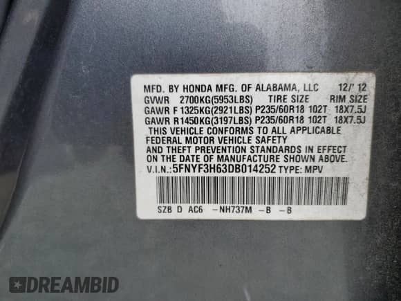 2013 Honda Pilot EX-L with VIN 5FNYF3H63DB014252, listed as a Copart auction lot 57971625 with 176,094 mi miles and Salvage title. Bid and sale history available at DreamBid. Image 13.